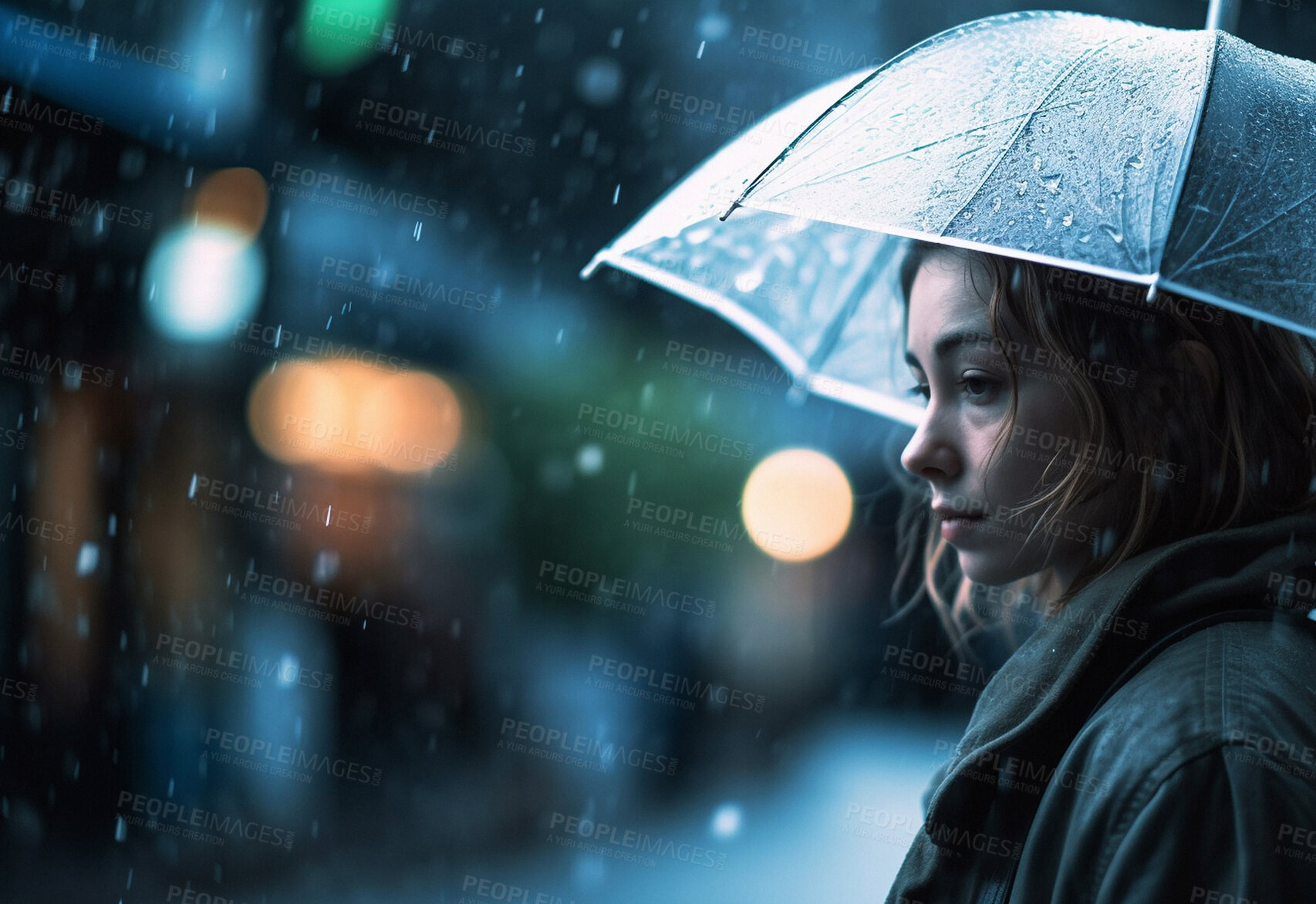 Buy stock photo Rain, sad woman and umbrella for water drops. Ai generated person with cover from depression