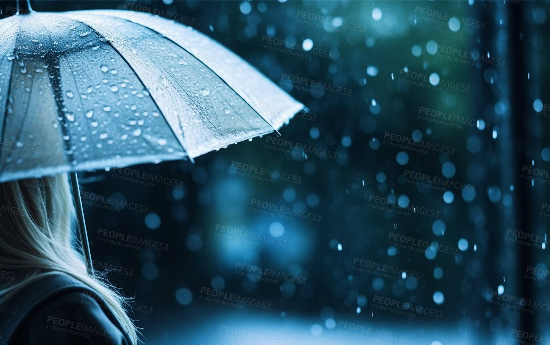 Buy stock photo Rain, woman and umbrella for protection from water drops. Ai generated person with cover from storm