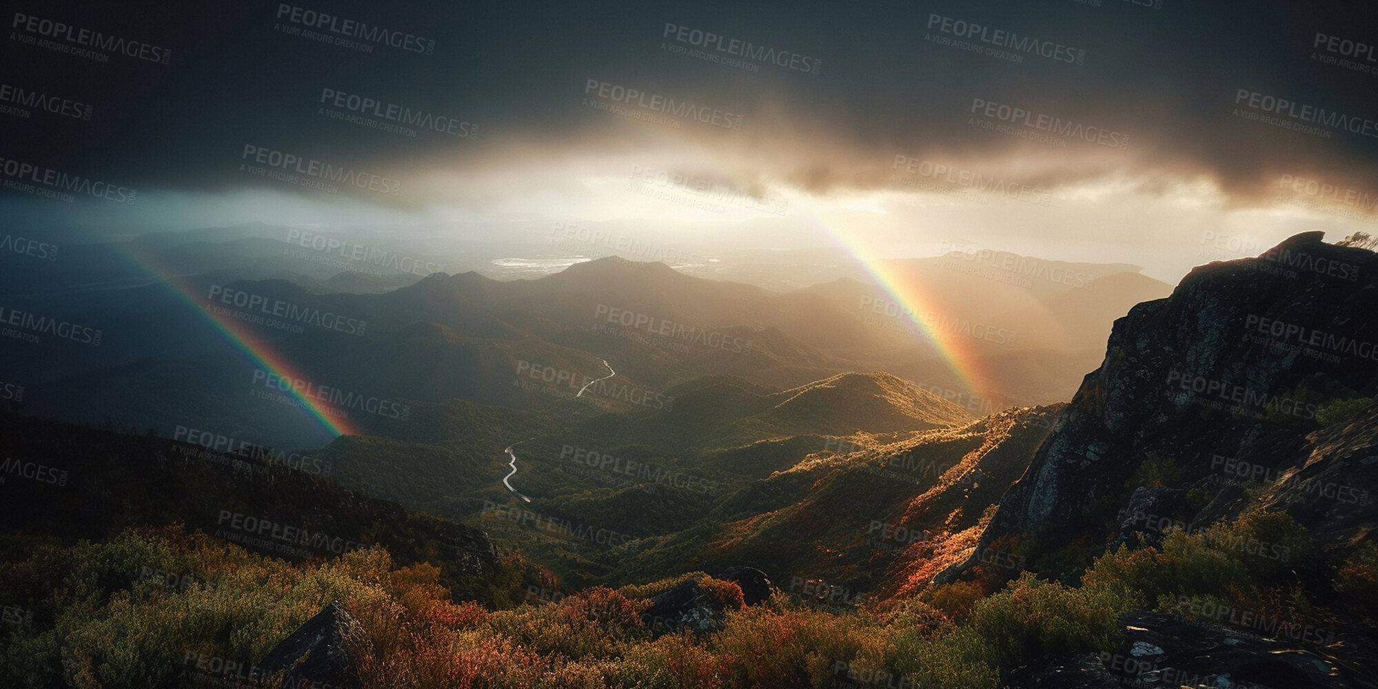 Buy stock photo Rain, mountain and rainbow cloud in nature landscape for ai generated sustainability and ecology