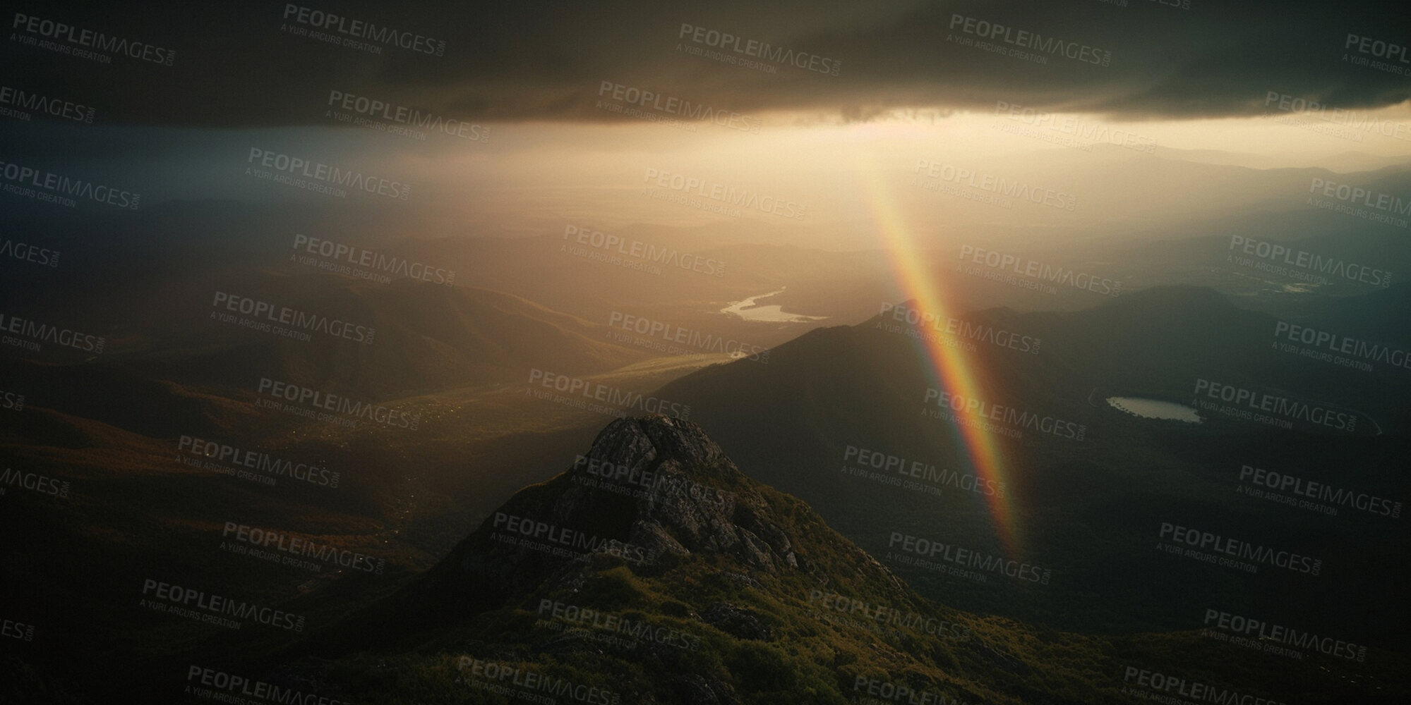 Buy stock photo Rain, mountain and rainbow cloud in nature landscape for ai generated sustainability and ecology