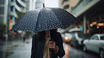 Rain, walking man and umbrella in city street with water drops. Ai generated person in urban storm