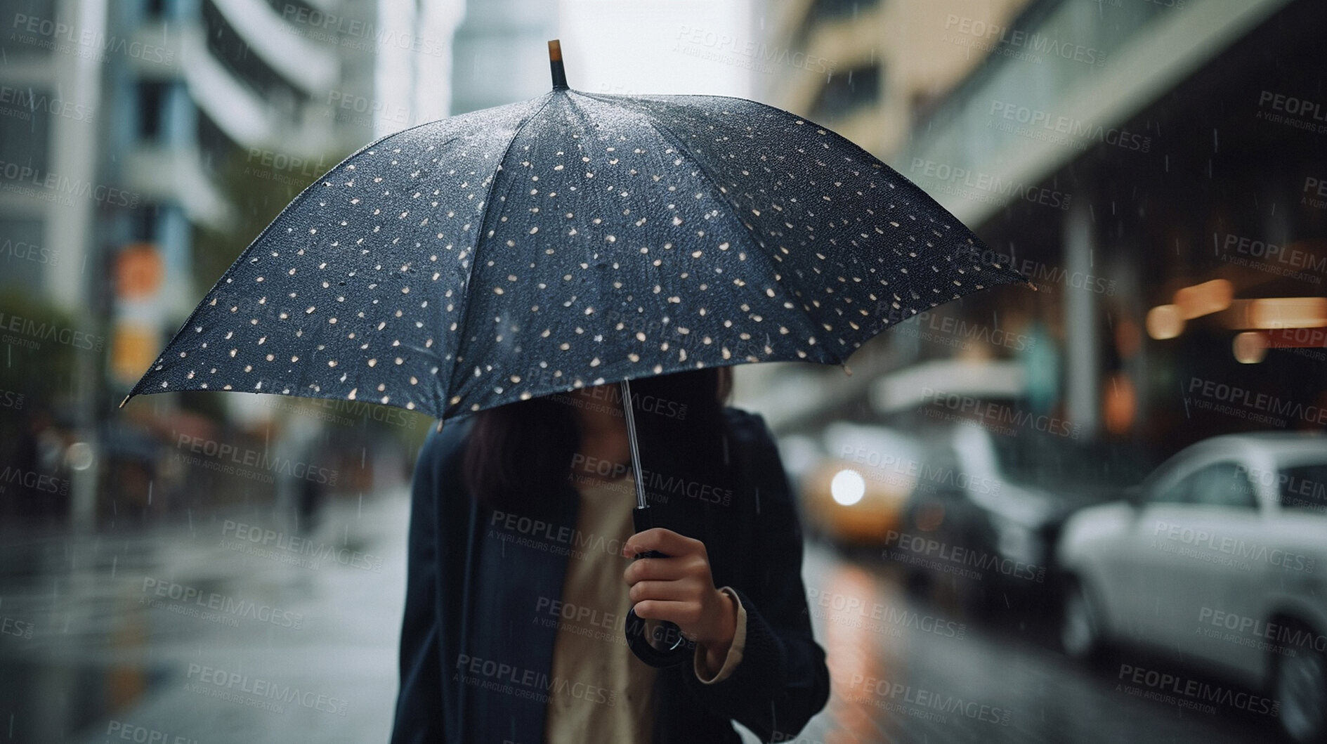 Buy stock photo Rain, walking man and umbrella in city street with water drops. Ai generated person in urban storm