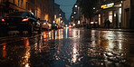 Rain, street and water on a city background. Ai generated road and storm on urban ground at night