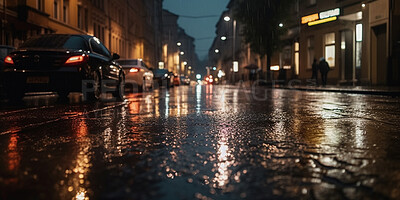 Rain, street and water on a city background. Ai generated road and storm on urban ground at night