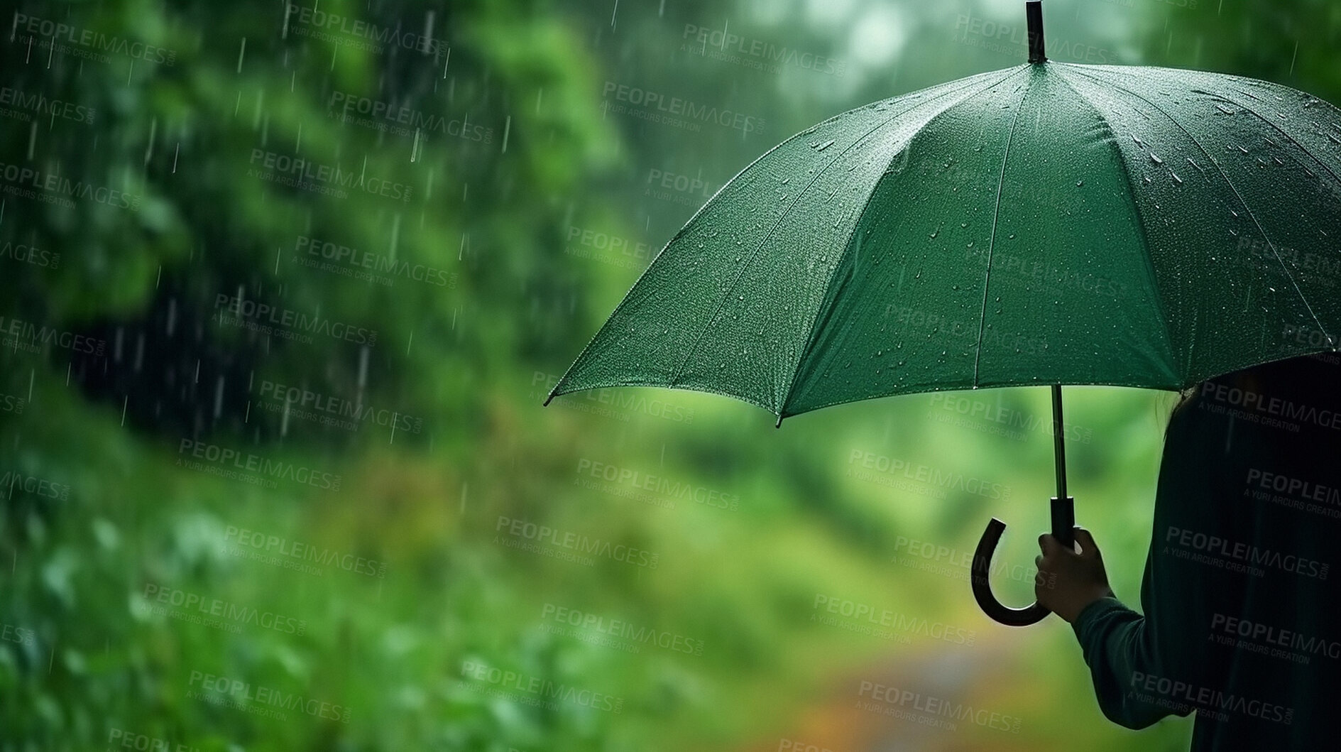 Buy stock photo Rain, woman and umbrella for water drops shield. Ai generated person in nature for sustainability