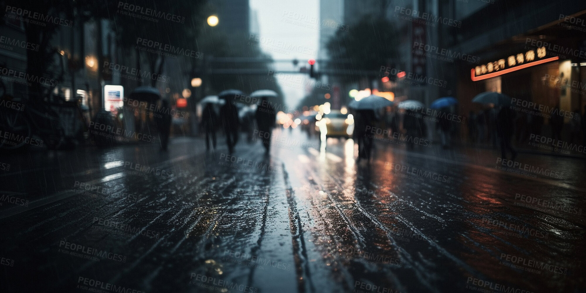 Buy stock photo Rain, street and water on a dark city background. Ai generated road and storm on urban ground