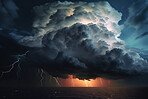 Rain, thunder cloud and lighting for storm in sky. Ai generated energy, electricity or dark power