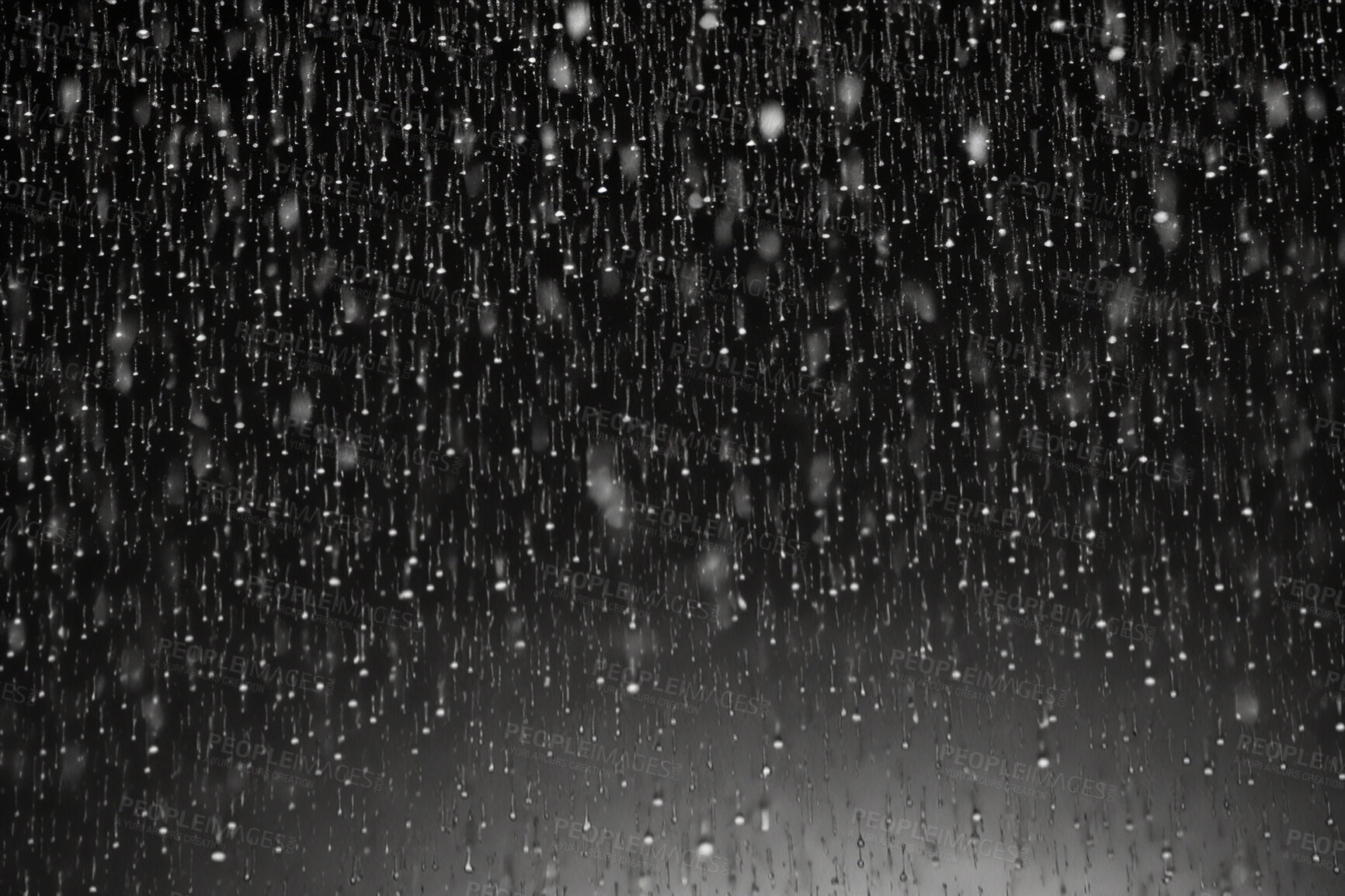 Buy stock photo Rain, water drops and macro of clean liquid for ai generated sustainability on dark sky