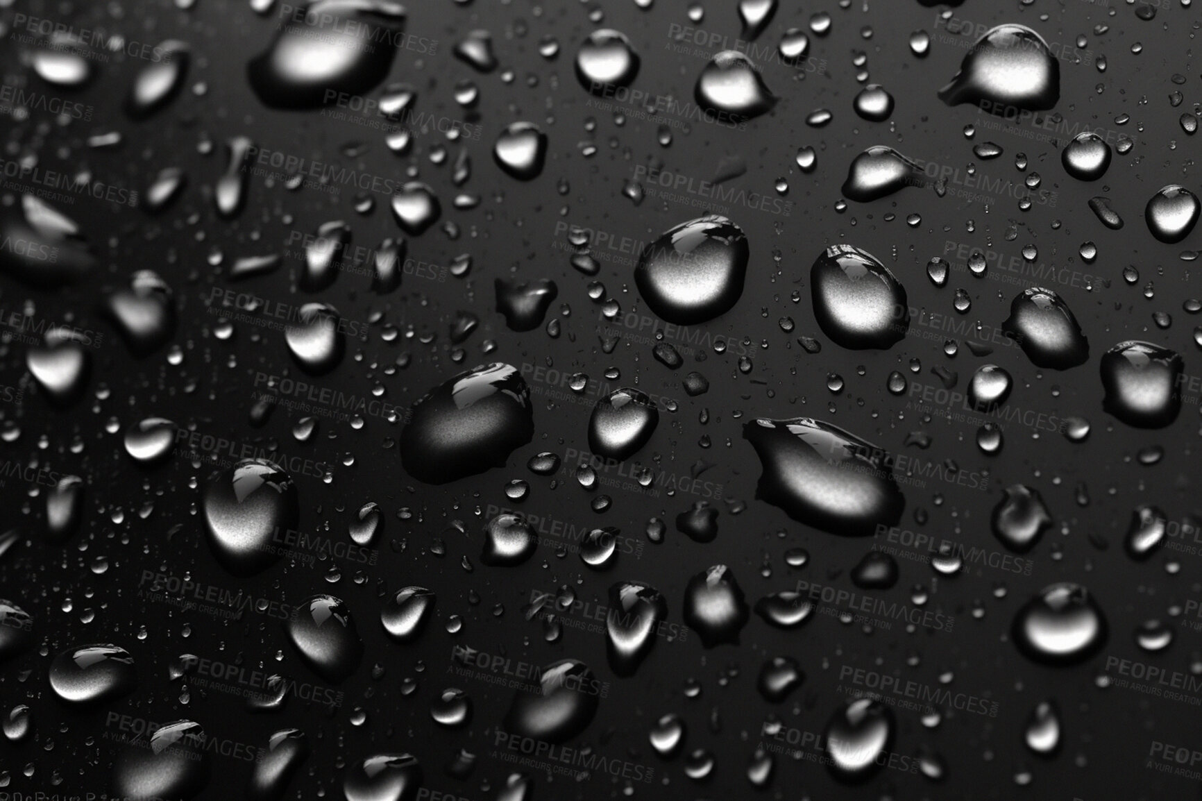 Buy stock photo Rain, water drops and macro of clean liquid for ai generated sustainability on dark background