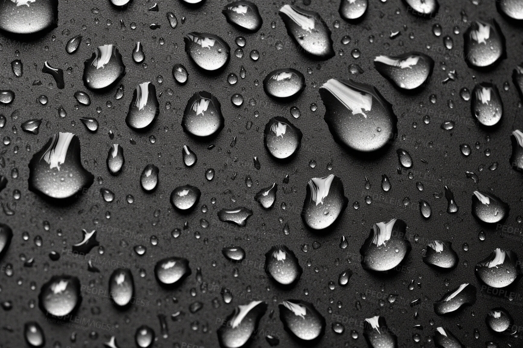 Buy stock photo Rain, water drops and macro of clean liquid for ai generated sustainability on dark background