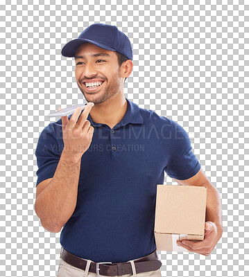 Buy stock photo Courier, delivery and Asian man with box, phone call and contact isolated on a transparent png background. Employee, smile and worker with package, parcel and mobile for shipping and ecommerce