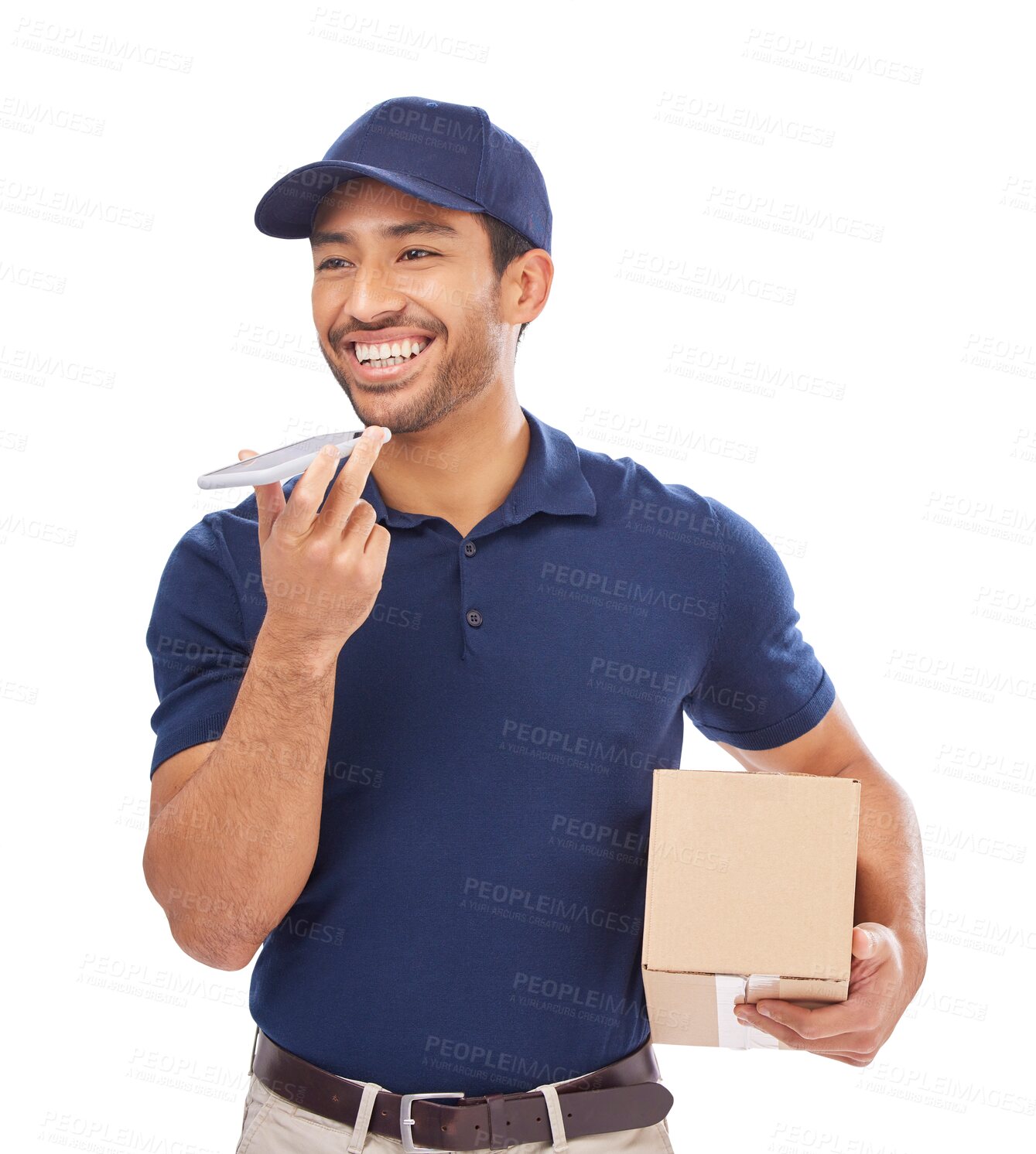 Buy stock photo Courier, delivery and Asian man with box, phone call and contact isolated on a transparent png background. Employee, smile and worker with package, parcel and mobile for shipping and ecommerce