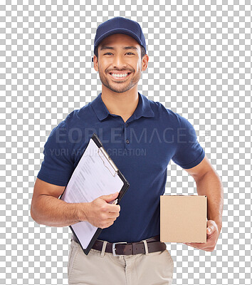Delivery man, package in portrait and happy, clipboard for sign