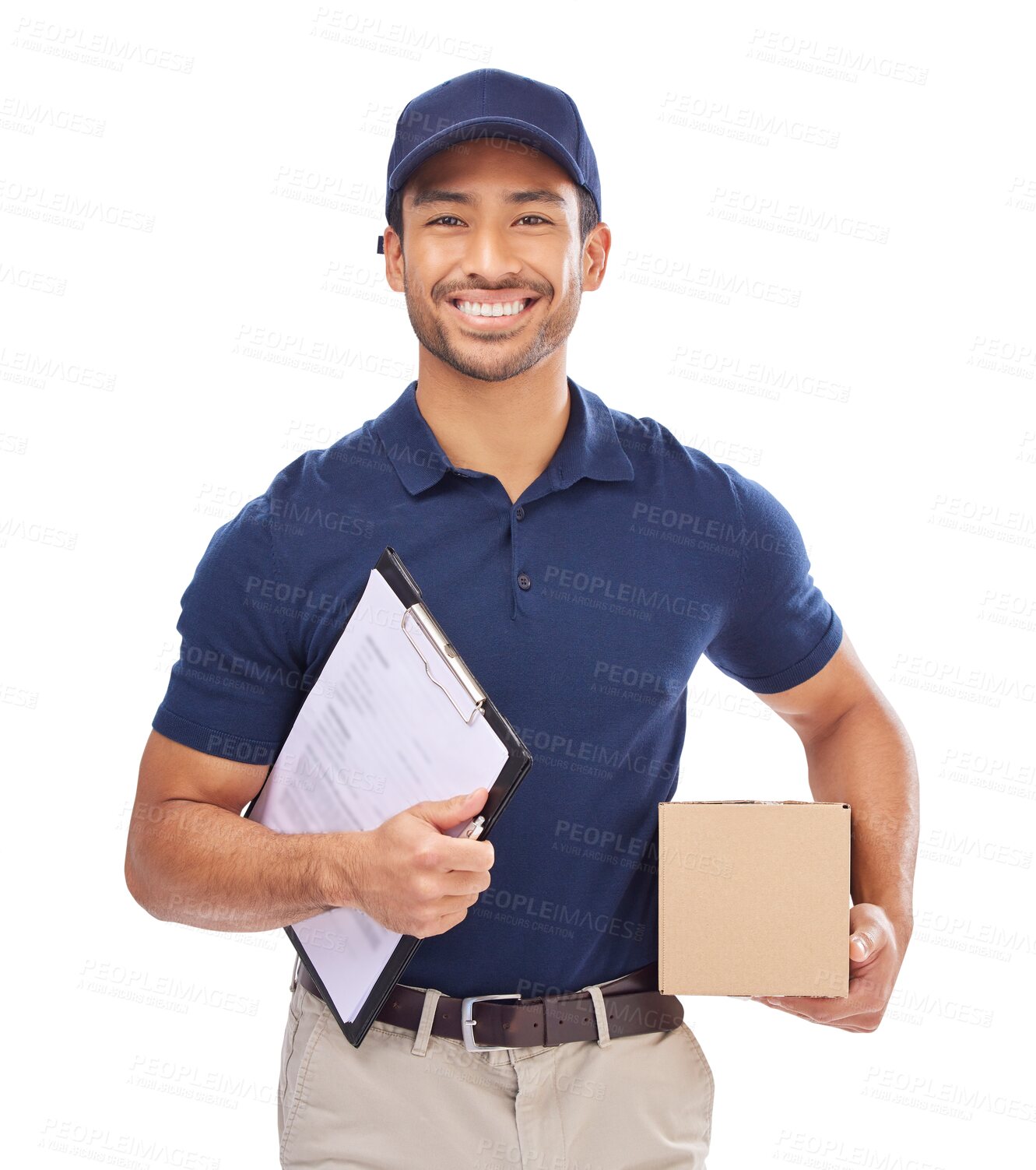 Buy stock photo Clipboard, package and portrait of delivery man for signature, invoice and shipping box. Paper checklist, smile and male courier employee with cardboard parcel isolated by transparent png background.