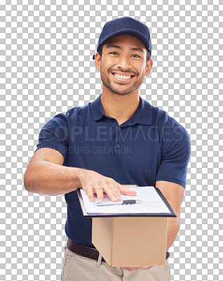 Buy stock photo Clipboard, sign and portrait of delivery man with box, invoice and ecommerce shipping package. Checklist, smile and male courier employee with cardboard parcel isolated by transparent png background.