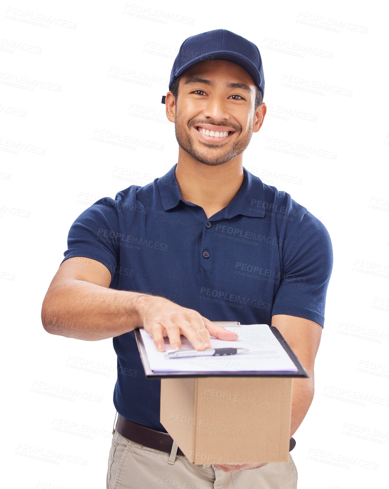 Buy stock photo Clipboard, sign and portrait of delivery man with box, invoice and ecommerce shipping package. Checklist, smile and male courier employee with cardboard parcel isolated by transparent png background.