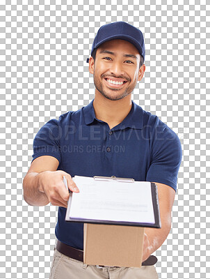 Buy stock photo Clipboard, package and portrait of courier man for signature, invoice and ecommerce shipping box. Checklist, smile and delivery worker with a cardboard parcel isolated by a transparent png background