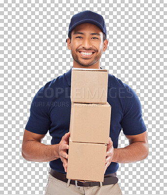 Buy stock photo Delivery man, portrait and shipping export with boxes, happy and employee isolated against a transparent background. Male person, courier or happiness with parcels, services and supply chain with png