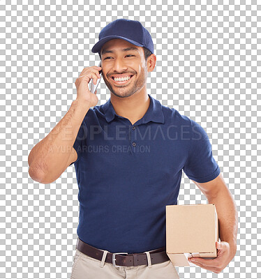 Buy stock photo Phone call, delivery man and courier happy with a package for ecommerce and talking on mobile. Shipping, employee or person with a box and speaking on cellphone isolated on transparent png background