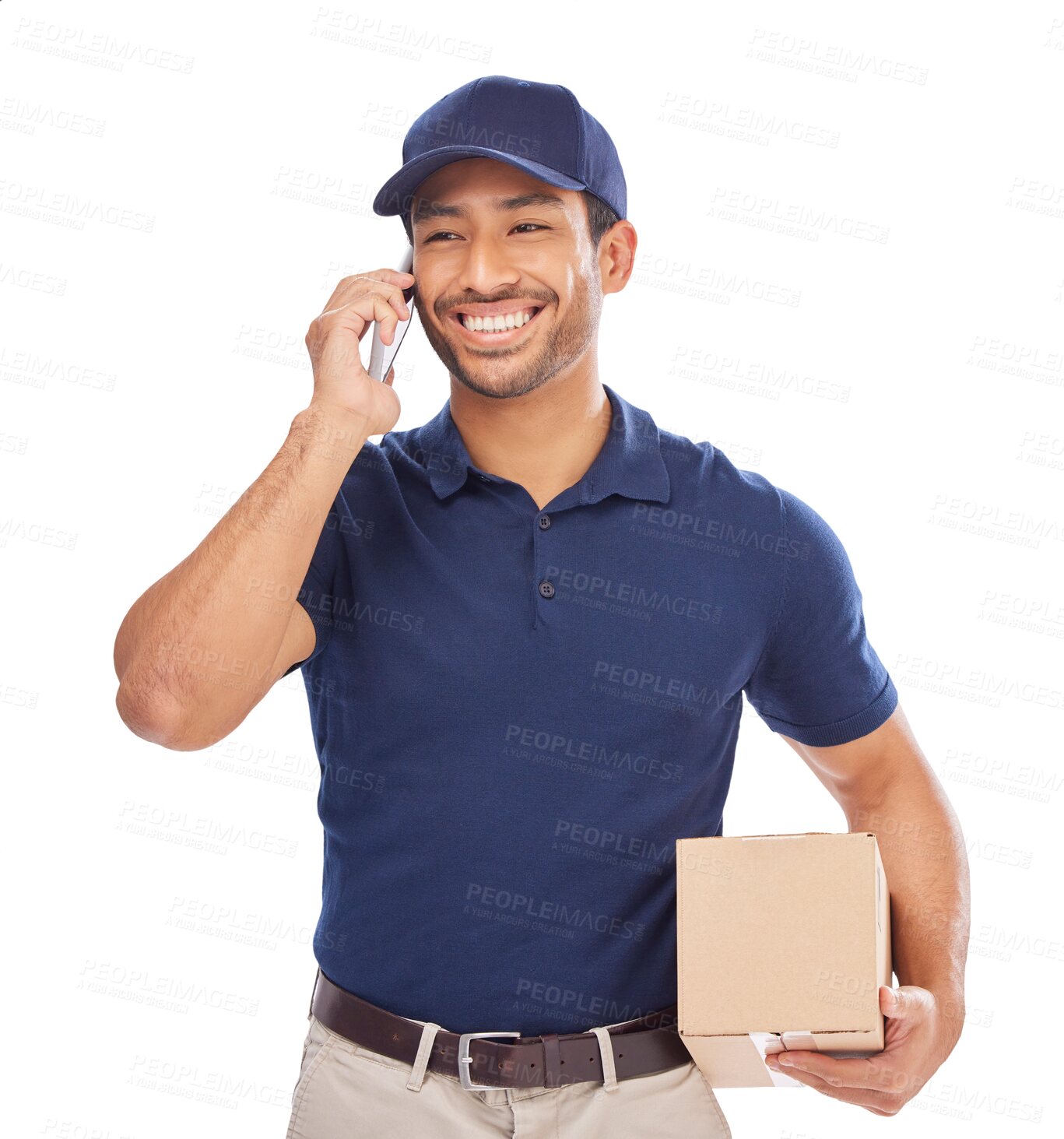 Buy stock photo Phone call, delivery man and courier happy with a package for ecommerce and talking on mobile. Shipping, employee or person with a box and speaking on cellphone isolated on transparent png background