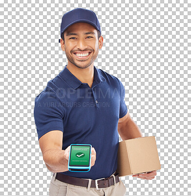 Buy stock photo Delivery man, box and smartphone, payment check and ecommerce and sign on png transparent background. Package, supply chain distribution and male worker, fintech and digital signature on phone screen