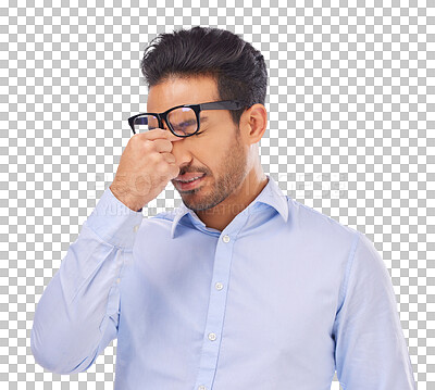 Buy stock photo Stress, tired and man with glasses and headache on isolated, PNG and transparent background. Vision, prescription frame and male person rub eyes with hands for migraine, eyesight fatigue or anxiety