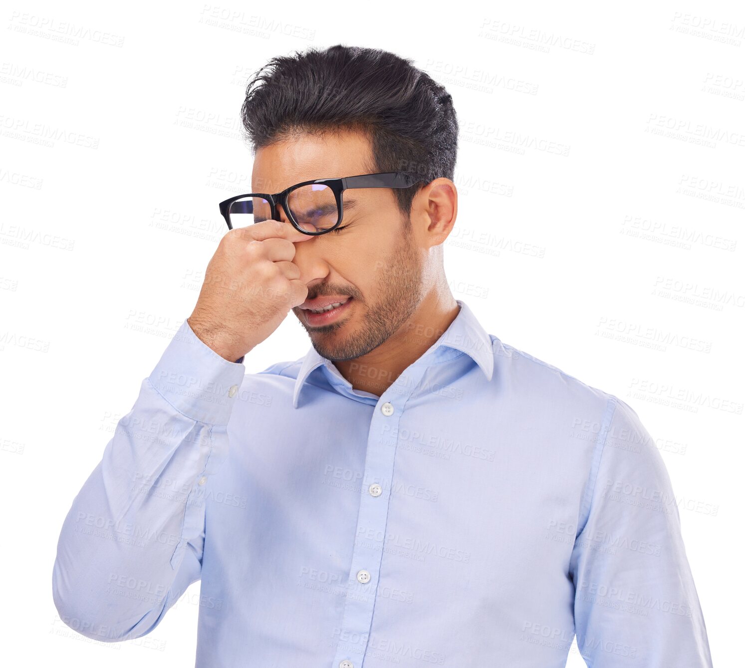 Buy stock photo Stress, tired and man with glasses and headache on isolated, PNG and transparent background. Vision, prescription frame and male person rub eyes with hands for migraine, eyesight fatigue or anxiety