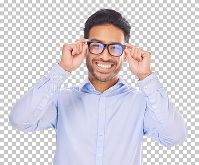 Buy stock photo Portrait, vision and glasses of a man isolated on a transparent, png background for eye care. Face, eyewear or eyesight of young asian male wearing new optometry prescription frame or spectacle lens