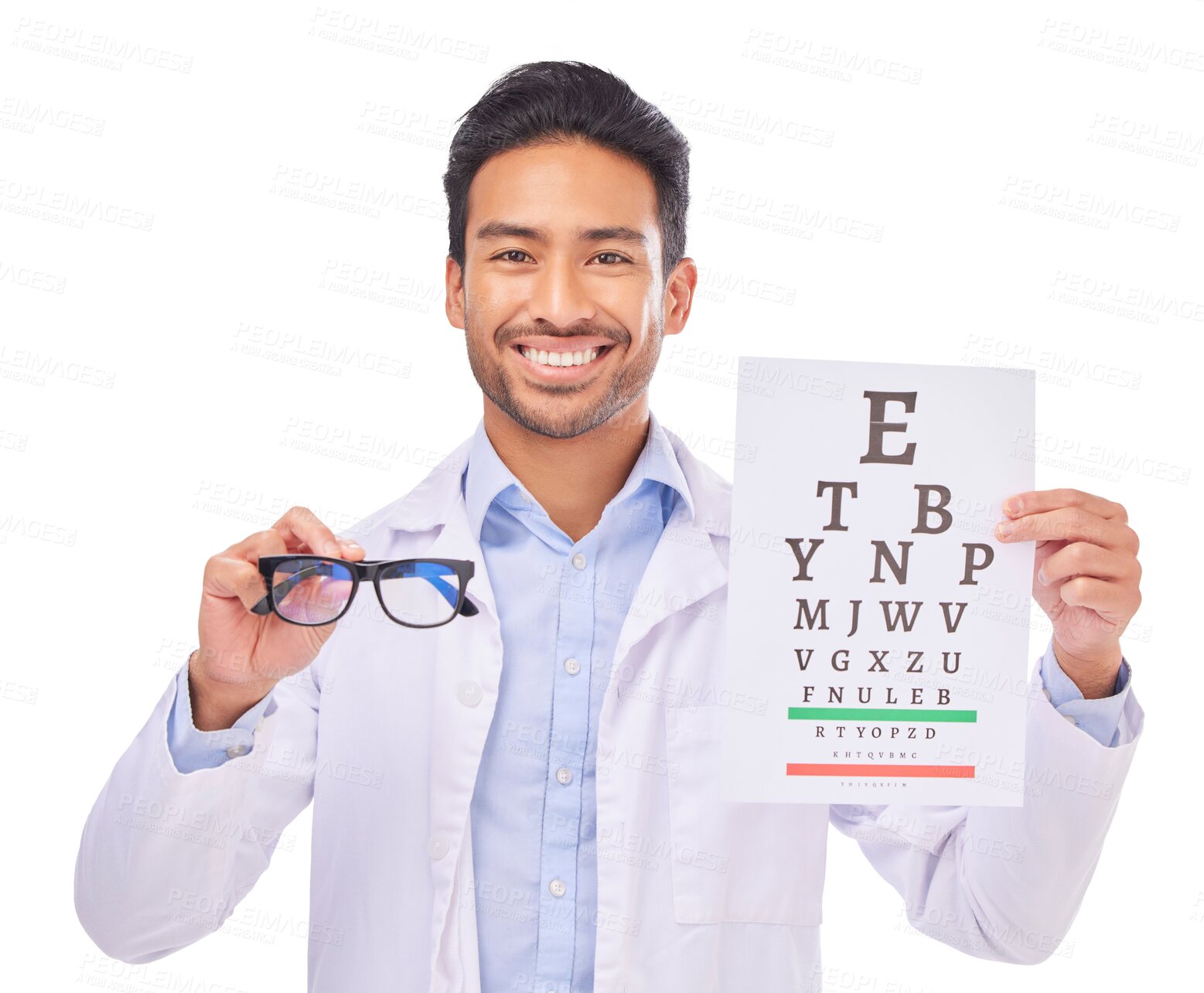 Buy stock photo Portrait, doctor and glasses, eye test and smile at vision clinic wit reading assessment and chart. Healthcare, wellness and optometrist with exam for eyes isolated on transparent png background