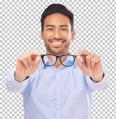 Buy stock photo Lens, vision and glasses portrait of a man isolated on a transparent, png background for eye care. Face, eyewear or eyesight of young asian male with new optometry prescription frame in hands