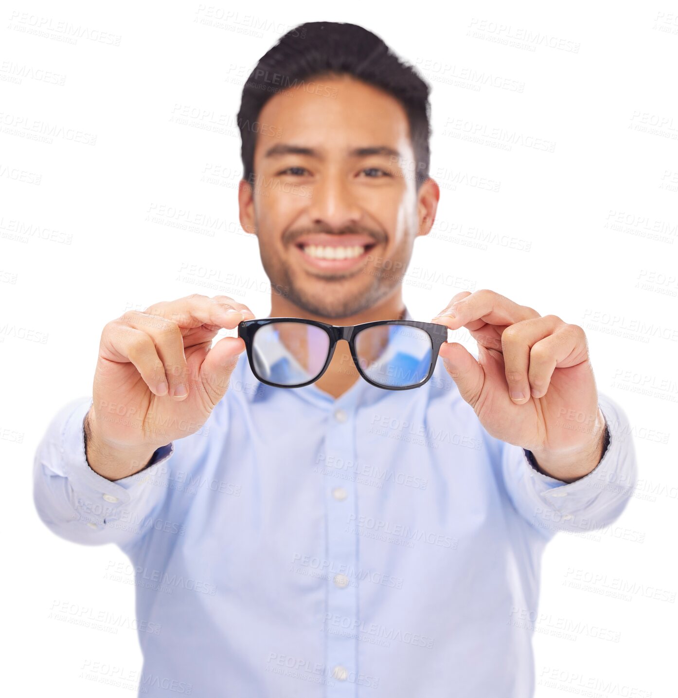 Buy stock photo Lens, vision and glasses portrait of a man isolated on a transparent, png background for eye care. Face, eyewear or eyesight of young asian male with new optometry prescription frame in hands