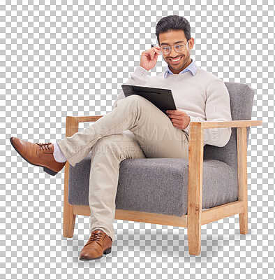 Buy stock photo Clipboard, reading and male therapist on a chair with therapy notes, checklist and review. Psychology, professional and young man psychologist relax on armchair isolated by transparent png background