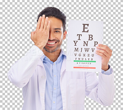 Buy stock photo Man, doctor and eye exam chart with vision, optometry and assessment isolated on png transparent background. Male person, ophthalmology and health for eyes, expert optician and eyecare with wellness