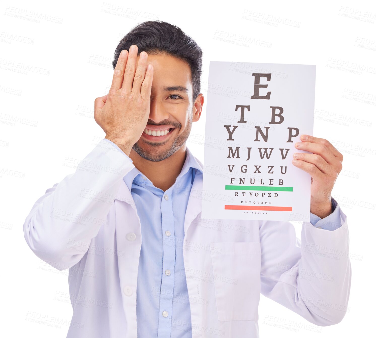 Buy stock photo Man, doctor and eye exam chart with vision, optometry and assessment isolated on png transparent background. Male person, ophthalmology and health for eyes, expert optician and eyecare with wellness