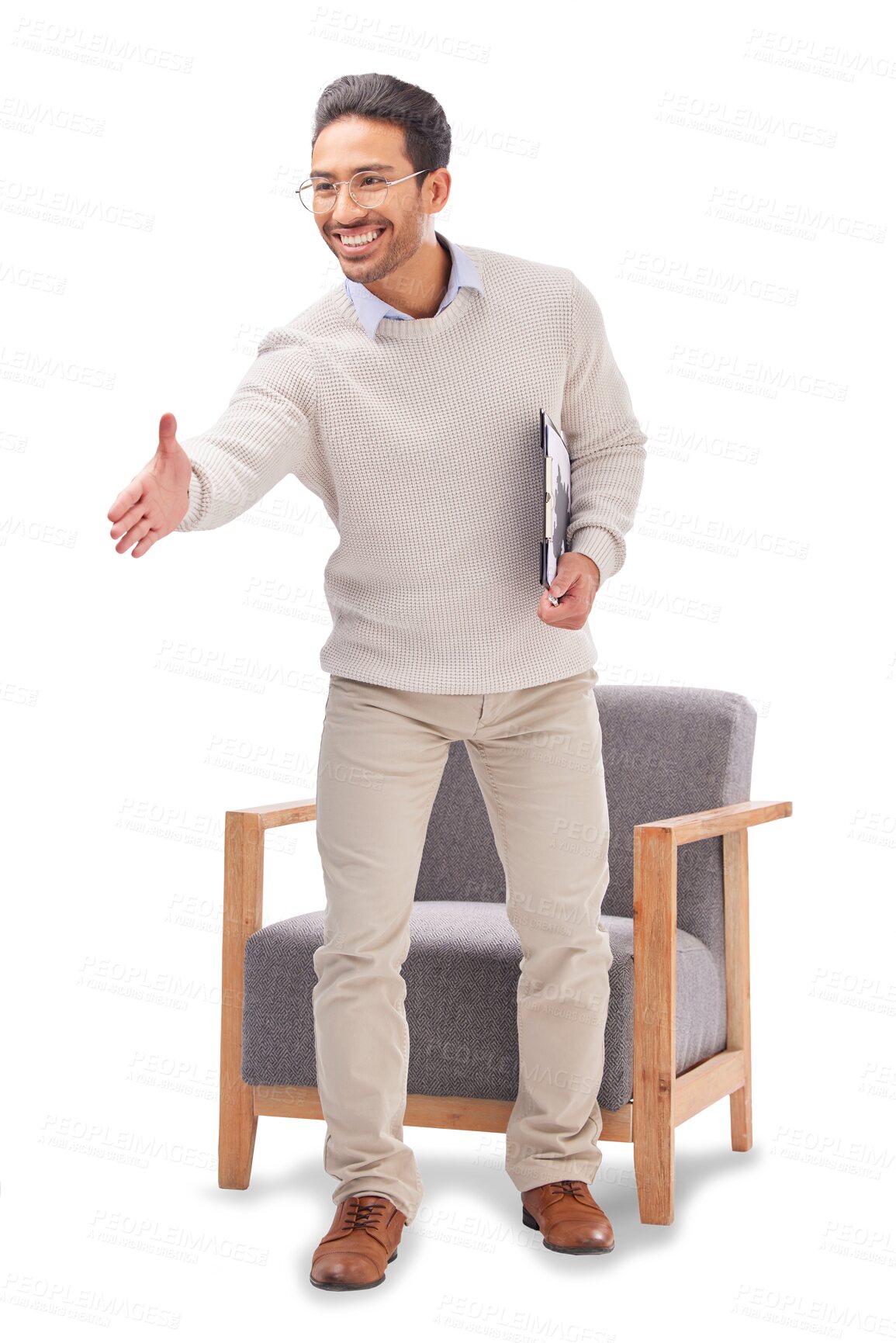 Buy stock photo Meeting, psychologist and offer with man and handshake on png for consulting, hello and welcome. Medical, healthcare and therapy with person isolated on transparent background for mental health