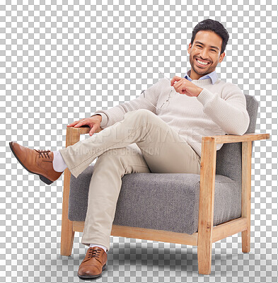 Buy stock photo Relax, chair or portrait of therapist, happy or crossed legs isolated against a transparent background. Male person, psychology or professional with glasses, counselling or success with png or advice