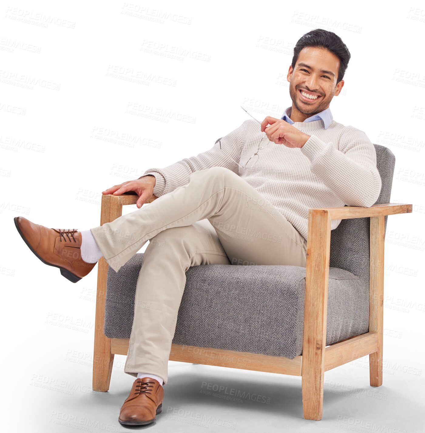 Buy stock photo Relax, chair or portrait of therapist, happy or crossed legs isolated against a transparent background. Male person, psychology or professional with glasses, counselling or success with png or advice