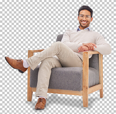 Buy stock photo Relax, portrait or man with a smile, entrepreneur or happy guy isolated on a transparent background. Gentleman, interview or professional or proud male employee or business owner with a career or png