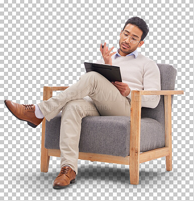 Buy stock photo Clipboard, medical and man psychologist on a chair with therapy notes, checklist and review. Psychology, professional and young male therapist relax on armchair isolated by transparent png background