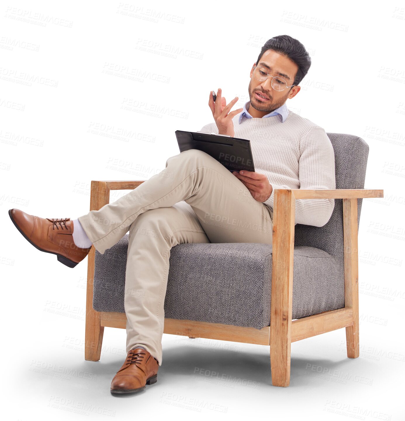 Buy stock photo Clipboard, medical and man psychologist on a chair with therapy notes, checklist and review. Psychology, professional and young male therapist relax on armchair isolated by transparent png background