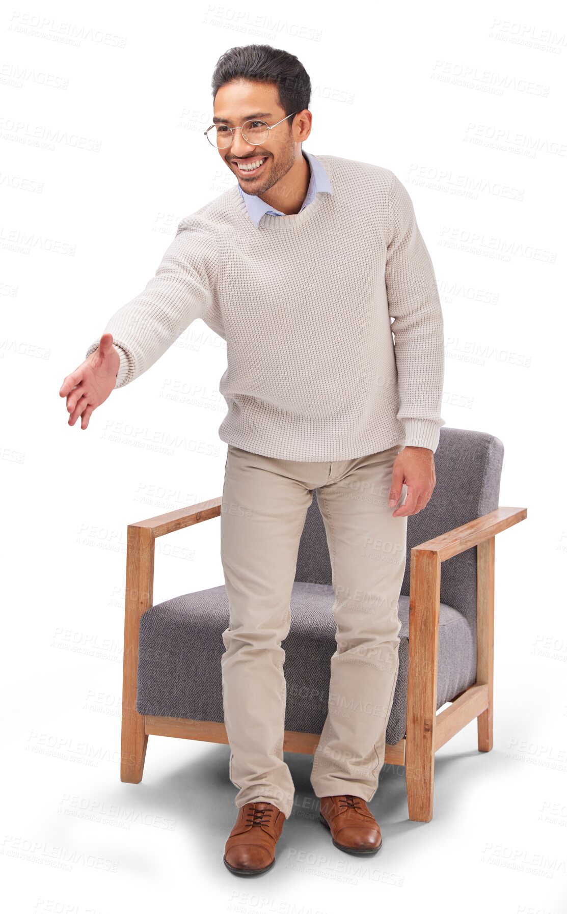 Buy stock photo Psychologist, man and offer handshake for welcome, meeting and greeting isolated on transparent png background. Psychology, asian male therapist and shaking hands for introduction, hello and trust