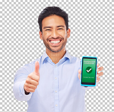 Buy stock photo Phone screen, payment success and man in e commerce transaction, online shopping or mobile app check mark. Thumbs up, fintech and portrait of happy asian person isolated on transparent png background