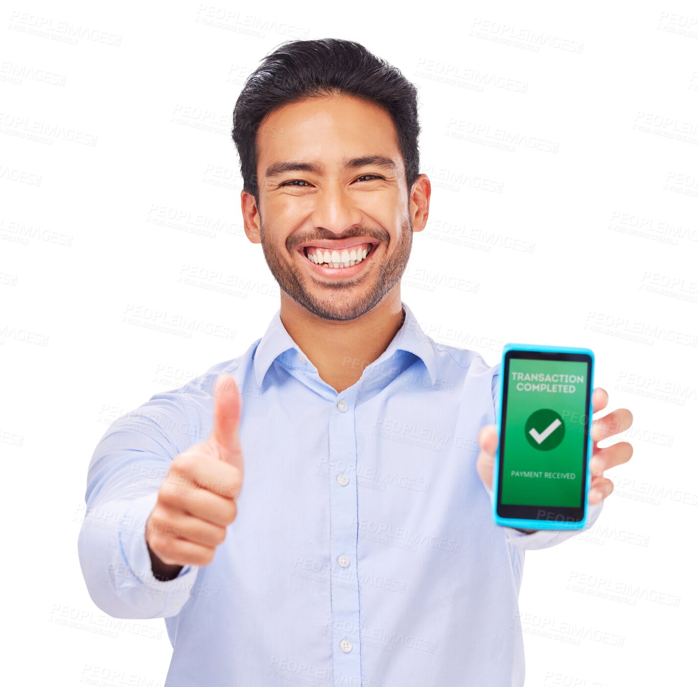 Buy stock photo Phone screen, payment success and man in e commerce transaction, online shopping or mobile app check mark. Thumbs up, fintech and portrait of happy asian person isolated on transparent png background