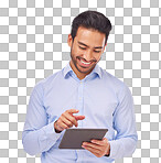 Typing, smile and business man with tablet in studio isolated on