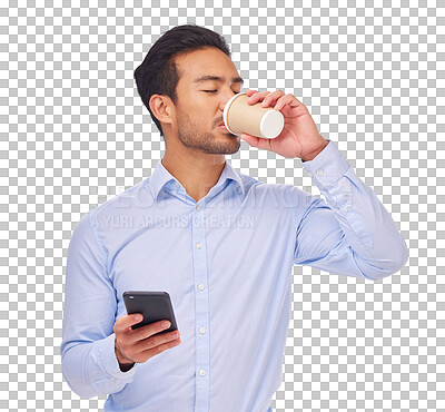 Buy stock photo Drinking coffee, business and man with a career, smartphone and employee isolated on a transparent background. Male person, entrepreneur and consultant with a cellphone, espresso and tea with png