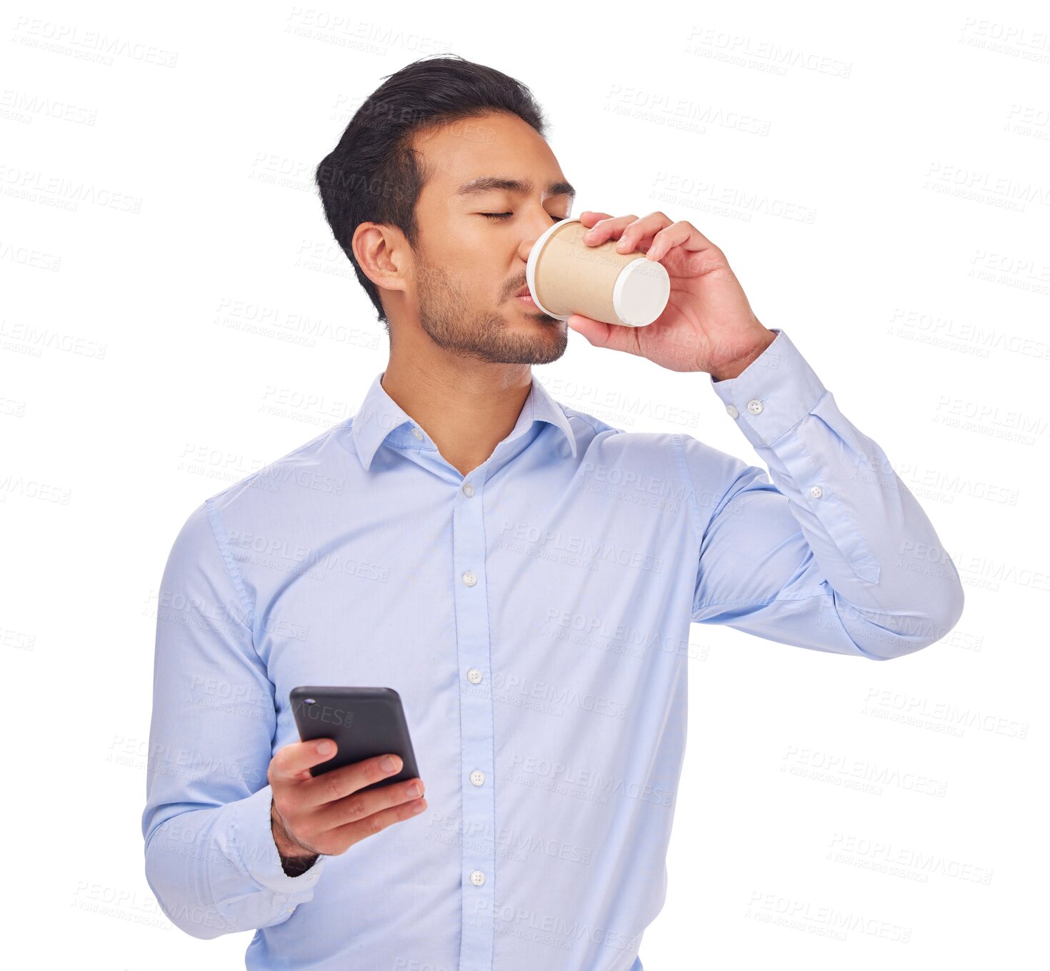 Buy stock photo Drinking coffee, business and man with a career, smartphone and employee isolated on a transparent background. Male person, entrepreneur and consultant with a cellphone, espresso and tea with png