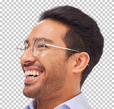 Buy stock photo Face, vision and glasses of a man isolated on transparent, png background for eye care. Profile, eyewear or eyesight of young asian male wearing new optometry prescription frame or lens on spectacles