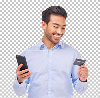 Buy stock photo Online shopping, phone and asian man with credit card for payment on transparent, isolated and png background. Smartphone, banking and male customer with sign up membership sale, ecommerce or savings