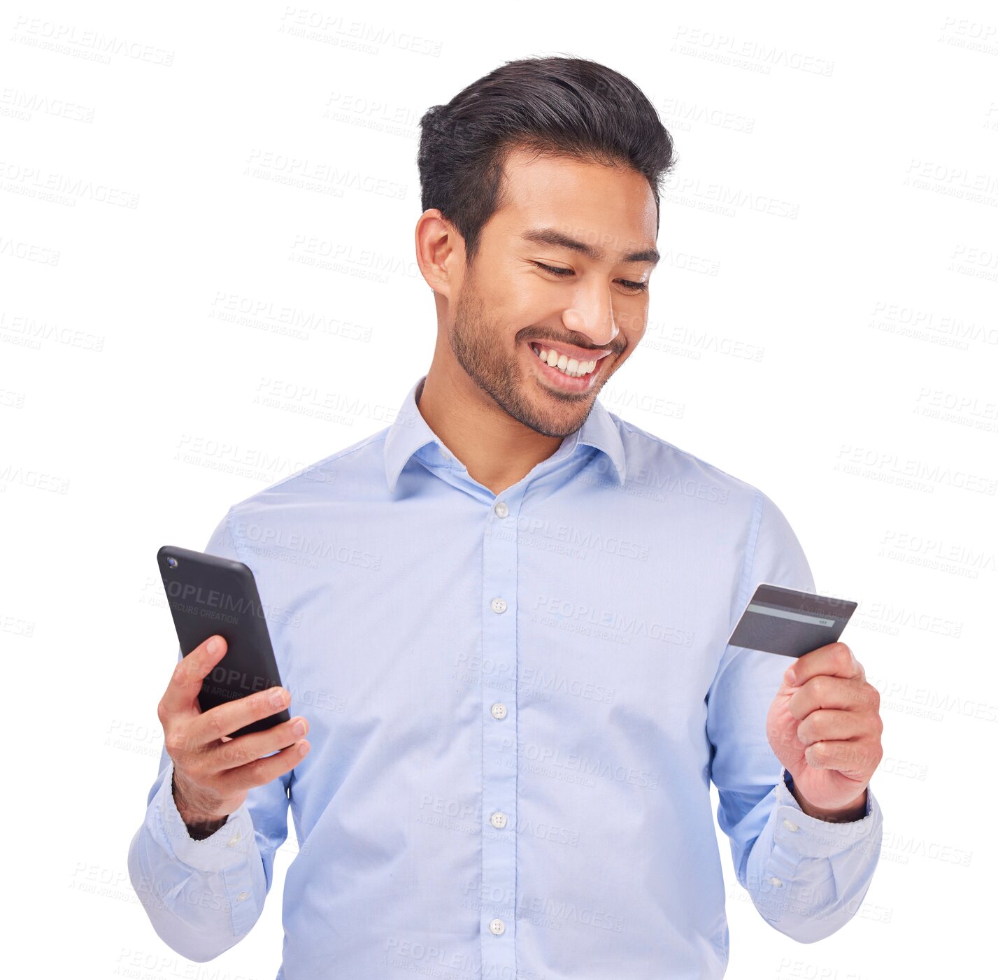 Buy stock photo Online shopping, phone and asian man with credit card for payment on transparent, isolated and png background. Smartphone, banking and male customer with sign up membership sale, ecommerce or savings