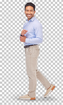 Buy stock photo Walking, smile and business man in studio standing with confidence on isolated, transparent or png background mockup. Ceo, boss and happy entrepreneur or professional with path for career or job